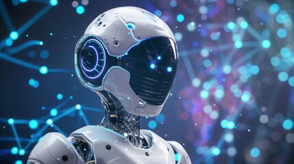 Fototapeta premium A robot standing upright in front of a solid blue background, showcasing its metallic structure and design.