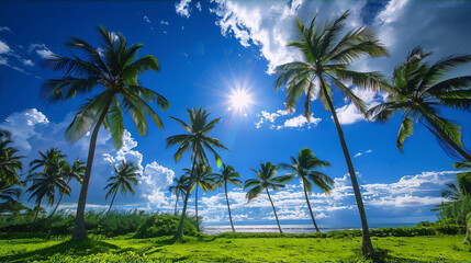Obraz premium A vibrant summer vacation scene with green palm trees and a bright blue sky evokes feelings of relaxation and escape. 