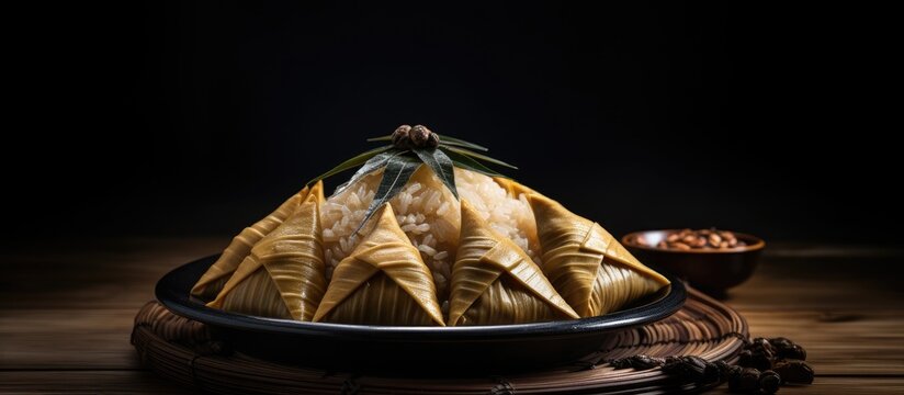 Close up copy space image showcasing a traditional Chinese dish called zongzi a rice dumpling on a wooden table against a black background symbolizing the Dragon Boat Festival