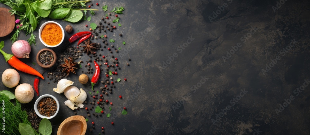 Poster A top down view of a stone table adorned with an assortment of flavorful herbs and spices creating a vibrant cooking scene There is ample space for your text in this captivating copy space image
