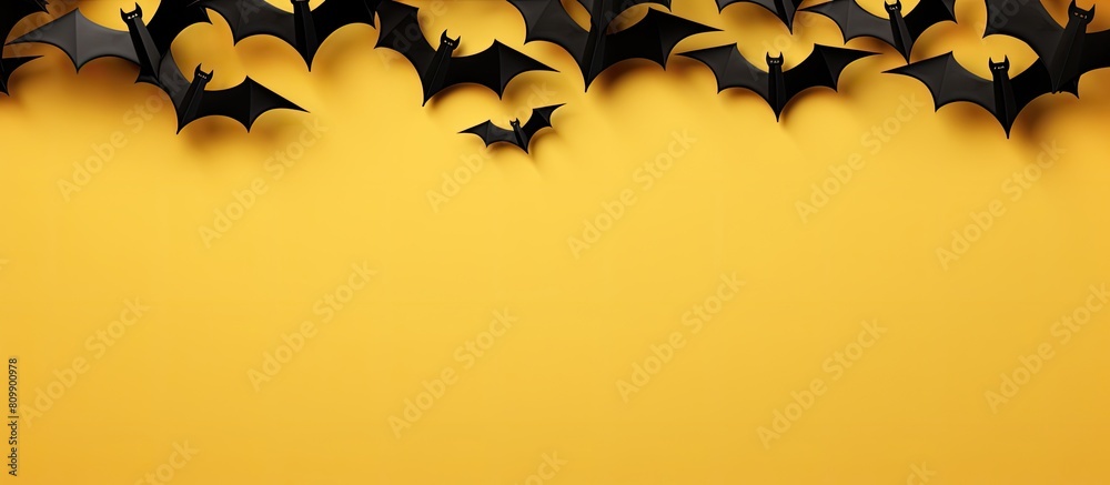 Poster A top view image of a Halloween banner featuring black paper bats on a yellow and white background with a horizontal orientation and plenty of copy space
