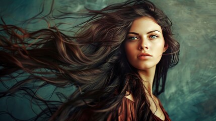 A striking image of a gorgeous brunette woman with long, flowing hair