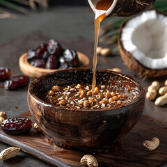 Sweet syrup in a wooden bowl