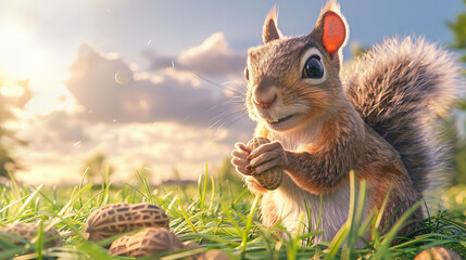 Obraz premium A cute squirrel holding peanut on the grass 