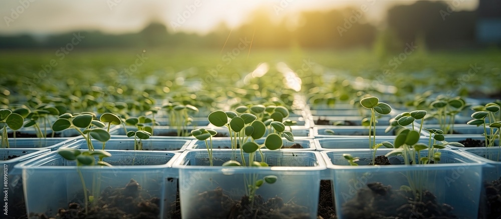 Poster agricultural copy space image featuring small cantaloupe sprouts growing in plastic containers on fe