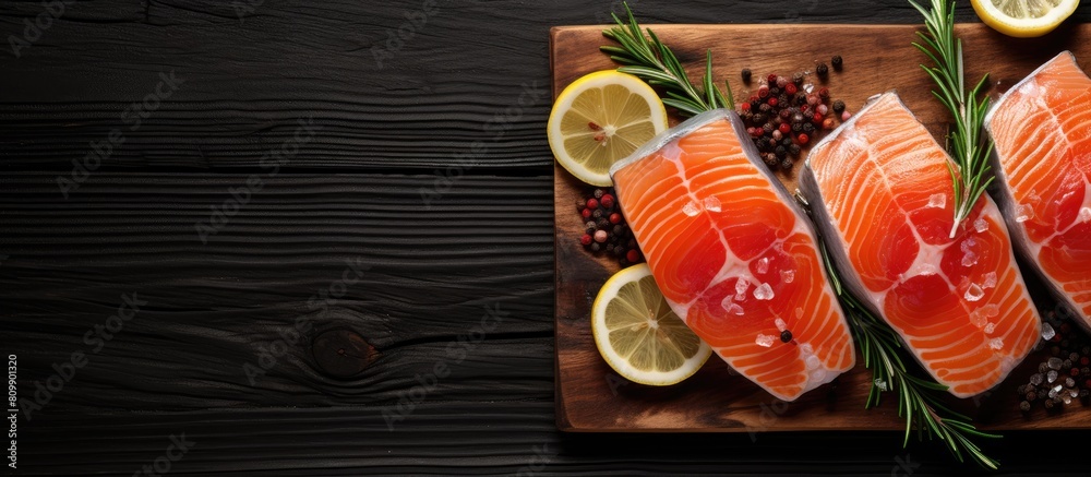 Aufkleber the concept of fish food is visually portrayed by a top down view of salmon steaks on ice adorned wi