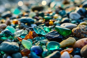 Stones on a beach, Colorful gemstones on a beach. Polish textured sea glass and stones on the...