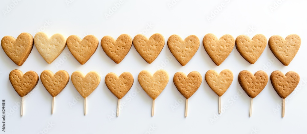 Poster a copy space image featuring heart shaped stick cookies that have been consumed placed on a white ba