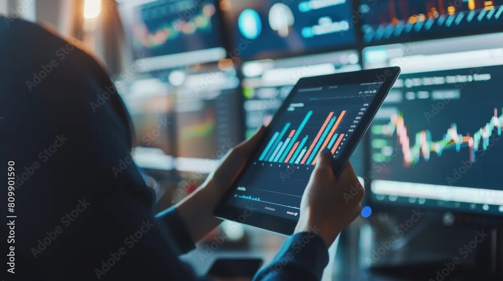 Poster A financial analyst examining a digital tablet with various business graphs, conducting in-depth research for investment recommendations.