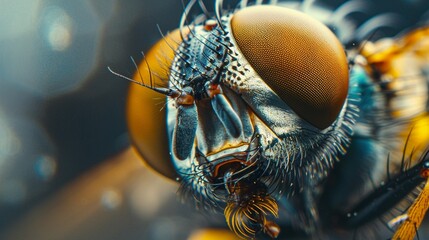 A closeup of a flys head highlights its multifaceted eyes and bristly face, high resolution DSLR