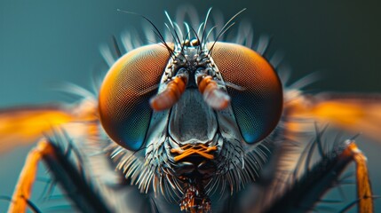 A closeup of a flys head highlights its multifaceted eyes and bristly face, high resolution DSLR