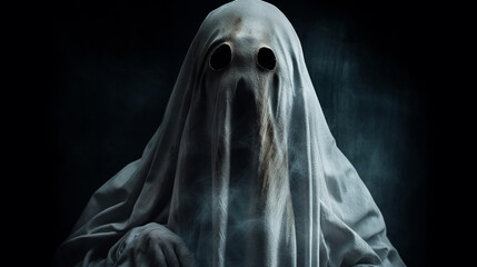 Fototapeta premium Ghostly figure shrouded in a white sheet with two dark, hollow eyes, classic ghost imagery, making it interesting for its eerie and haunting visual appeal