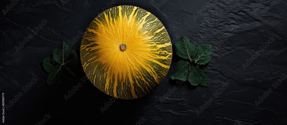 Poster A fresh and colorful yellow melon placed on a black stone surface with a top down perspective offers a captivating image with plenty of room for additional content
