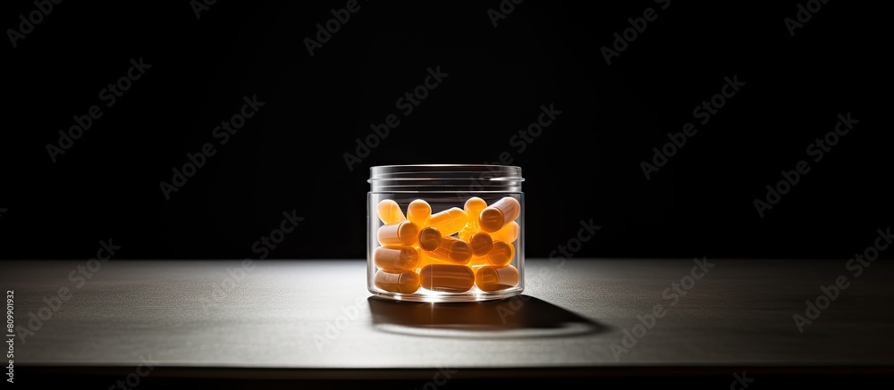 Poster a small cup filled with medicine capsules providing ample copy space for displaying the image