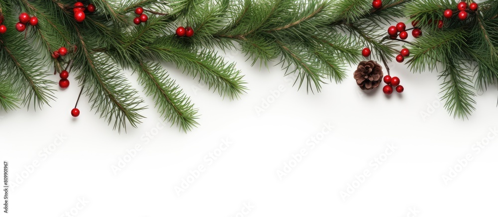 Poster Top view of a festive flat lay featuring a white background adorned with Christmas pine branches red berries and ample copy space
