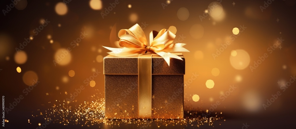 Poster a golden gift box designed for a merry christmas and happy new year concept with the intention of pr