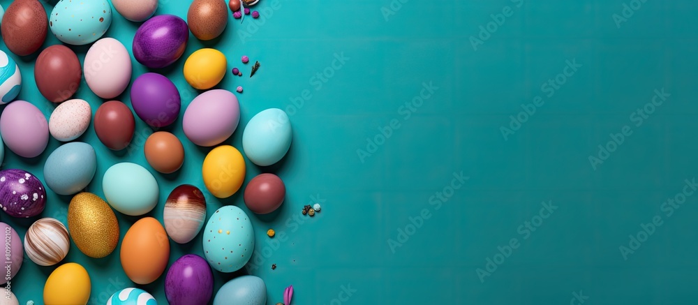 Poster a colorful background sets the stage for stunningly painted easter eggs in a flat lay composition of