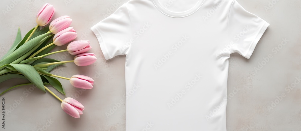 Poster top view flat lay copy space image of a white women s cotton t shirt mockup featuring pink tulip flo
