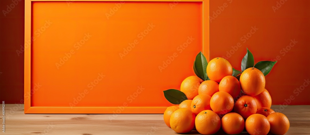 Poster An orange background enhances the visual appeal of a picture frame placed on a table creating a vibrant and eye catching copy space image