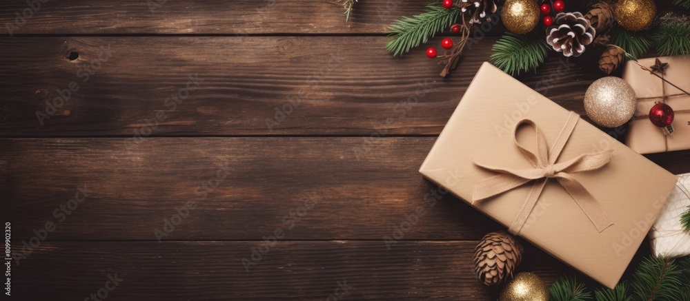 Poster Top view of a Christmas composition with presents displayed on a wooden table The image offers an empty space with papers and cardboard. Creative banner. Copyspace image