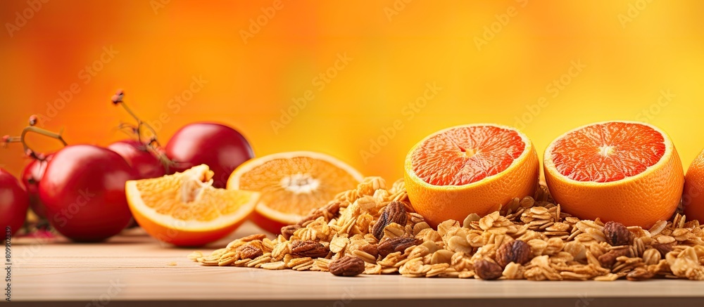 Poster a portion of organic granola is displayed with vibrant red oranges in the copy space image