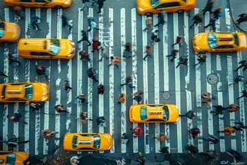 A busy intersection with pedestrians and taxis captured from an aerial perspective in a city