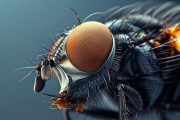 A closeup shot of a flys head highlights its multifaceted eyes and bristly face, high resolution DSLR