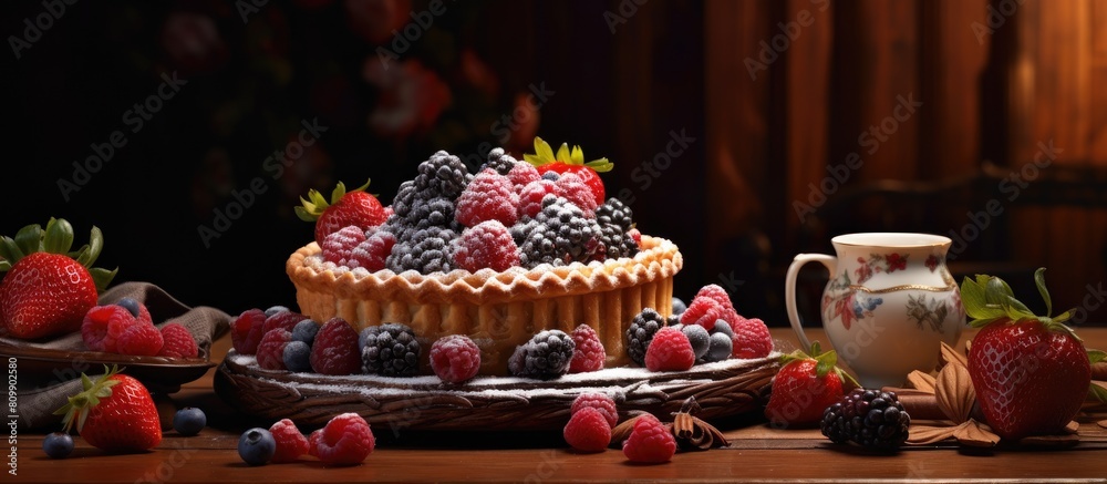 Poster A beautifully adorned table displays a scrumptious dessert adorned with fresh berries leaving a space for potential replication of the image. Creative banner. Copyspace image
