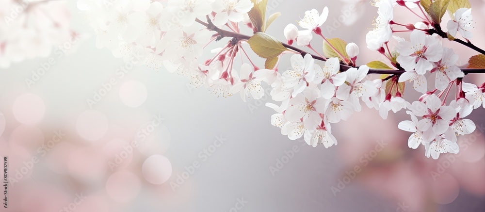 Poster beautiful floral spring background of nature with branches of blooming cherry tree flowers perfect f