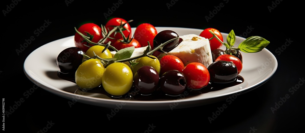 Poster a plate with flavorful olives ripe tomato and a chunk of firm goat cheese positioned from the top th