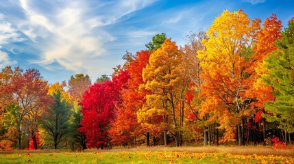 Vibrant autumn colors of a forest with red, orange, yellow, and green leaves on the trees. There is a blue sky with white clouds in the background.