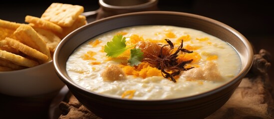 Delicious Asian cuisine including salted egg yolk fish skin chips and comforting congee. Creative banner. Copyspace image