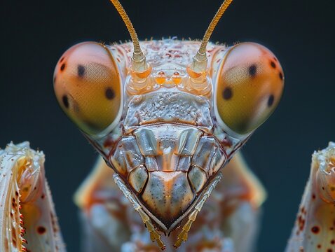 In a macro shot, the head of a praying mantis exhibits its triangular face and keen eyes, high resolution DSLR