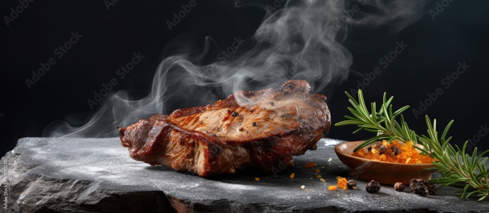 Poster a well done juicy fried meat piece is placed on a stone plate on a black wooden table creating a foo