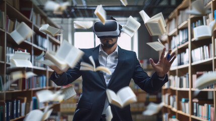 A businessman wearing a virtual reality headset is surrounded by flying books in a library, representing the concept of accessing information and education in the digital age.