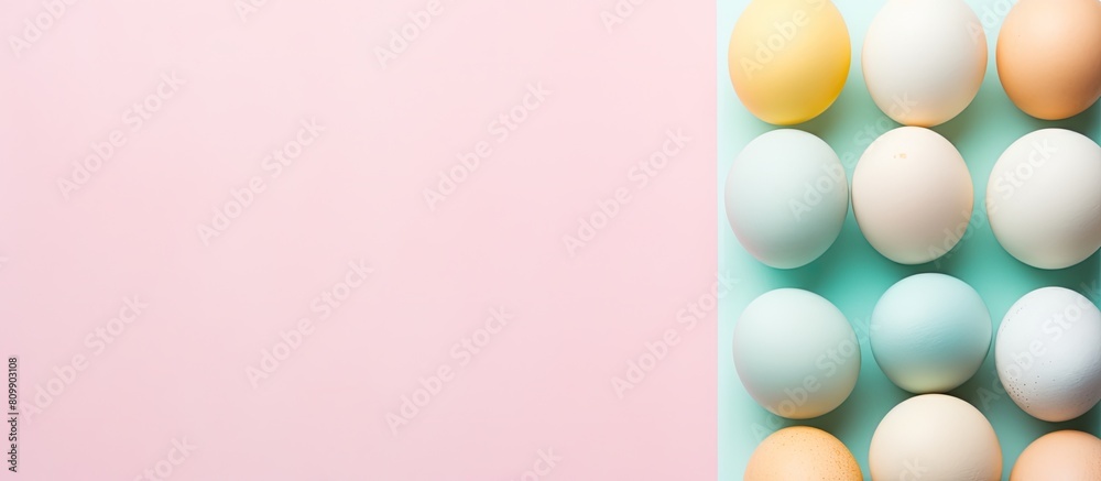 Poster the top view shows colorful boiled eggs on a pastel background with copy space it represents a healt