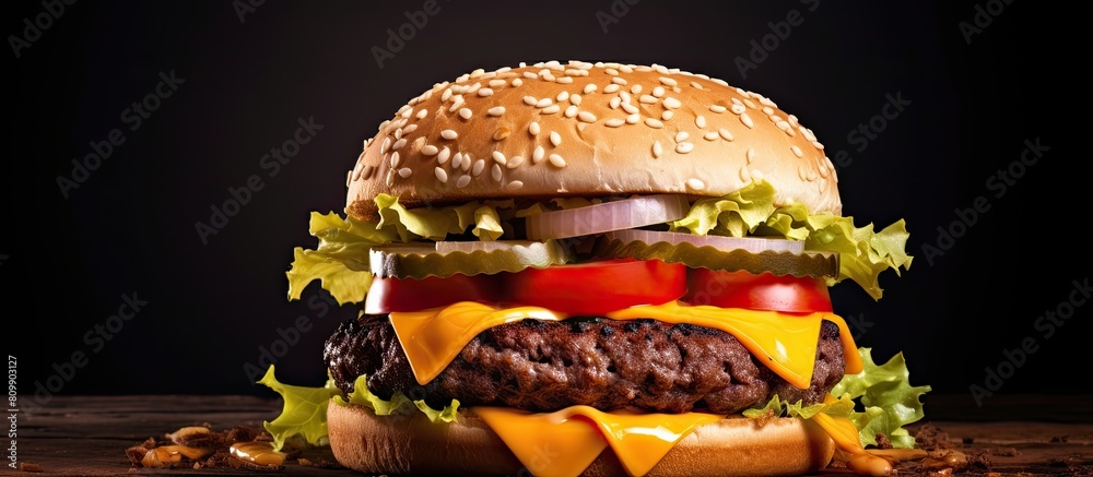 Poster Close up of a mouthwatering beef cheeseburger topped with melted cheese isolated on a white background creating a perfect copy space image