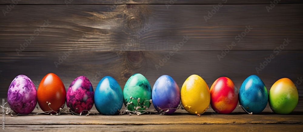 Aufkleber A vibrant assortment of Easter eggs placed on a rustic wooden surface creating a visually appealing and lively composition for a copy space image