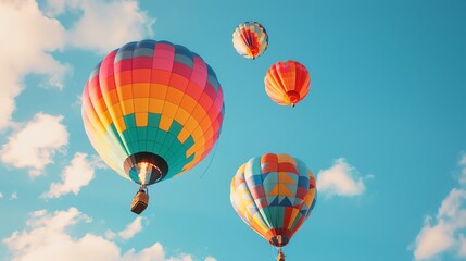Naklejka premium Hot air balloons in various colors against a blue sky with white clouds.