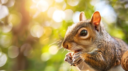 A cute squirrel is eating a nut. The squirrel is sitting on a branch in a tree. The background is a blur of green leaves. - Powered by Adobe