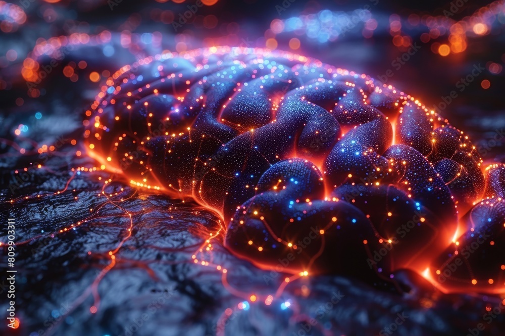 Poster a visually stimulating digital artwork of a brain's neural network with glowing nodes highlighting c
