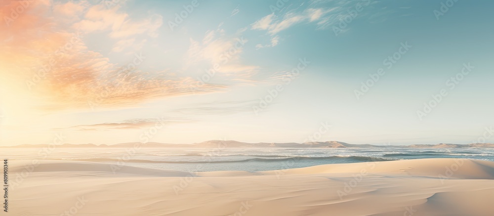 Poster A peaceful and relaxing summer concept of a desert beach at sunset with a white sandy background and ample copy space for your image