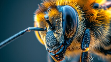 The closeup of a bees head exposes its pollenladen hairs and intricate mouthparts, high resolution DSLR