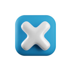 Vector 3d cross x realistic icon. Trendy square plastic wrong blue check mark, delete sign on white background. No vote button. 3d render not approved symbol, error, failed sign for web design, app.