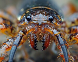 The closeup of a centipedes head reveals its many pairs of sharp mandibles and sensory appendages, high resolution DSLR