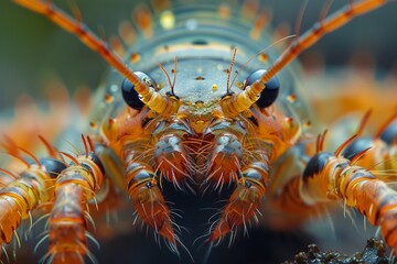 The closeup of a centipedes head reveals its many pairs of sharp mandibles and sensory appendages, high resolution DSLR