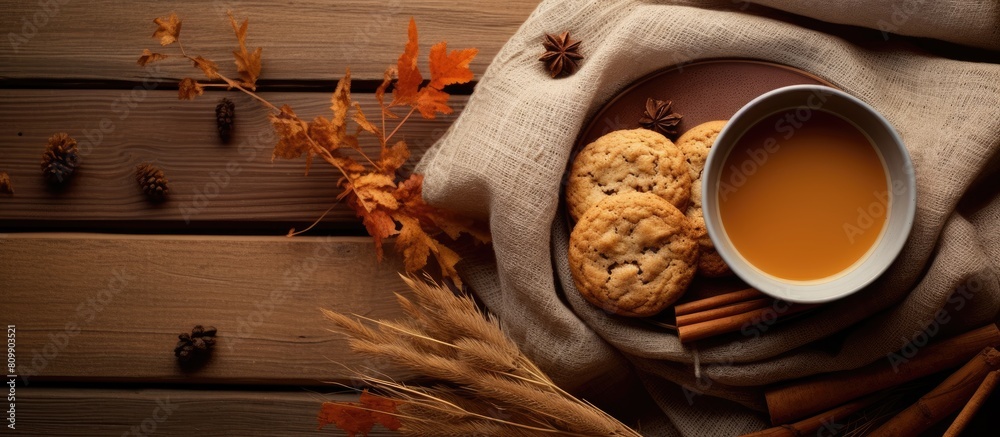 Poster top view of a cozy autumn scene featuring a cup of tea a warm scarf and delicious cookies all surrou