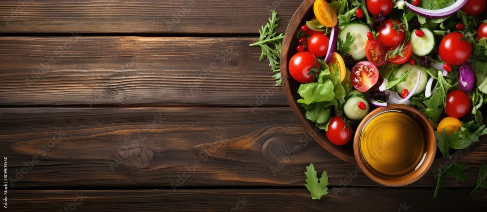 Poster a copy space image of a refreshing spring salad featuring crisp vegetables drizzled with olive oil b