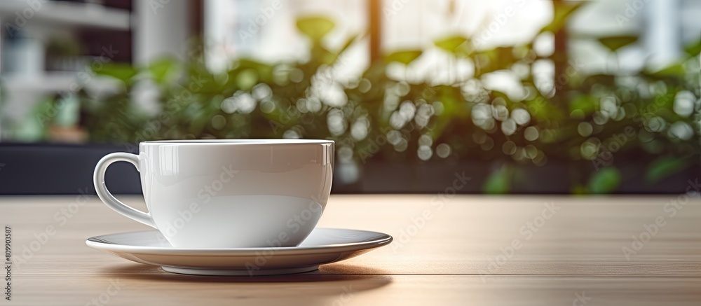 Aufkleber a stylish copy space image featuring a white cup of tea placed gracefully on a blurred dining table