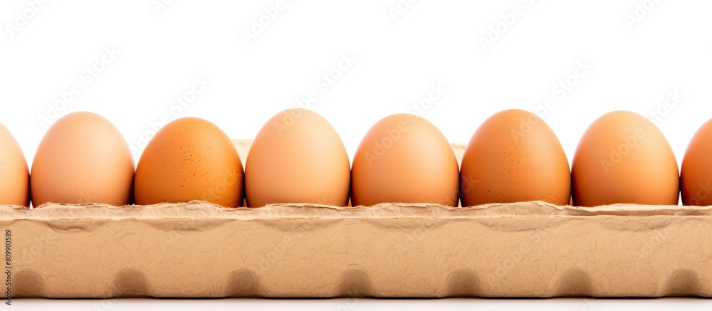 Poster A cardboard box filled with chicken eggs placed on a white background with ample space for copying the image